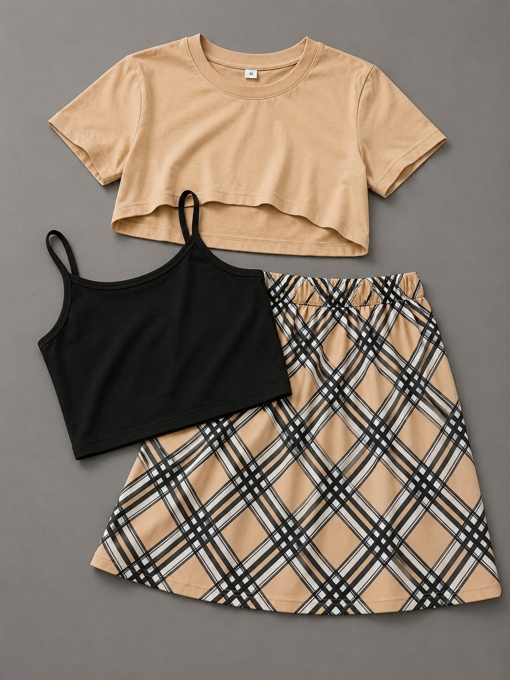 PatPat Girls 3-Piece Tan & Black Matching Set with Plaid Skirt